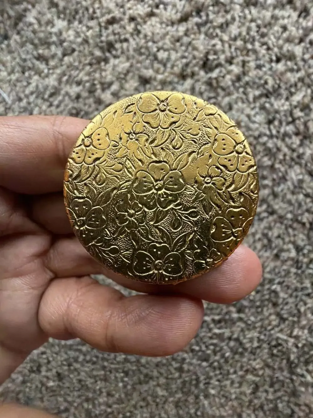 Vintage Gold Tone Floral Embossed Pill Box with Pink Cabochon